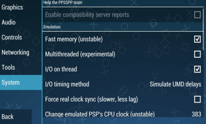 system settings for ppsspp android